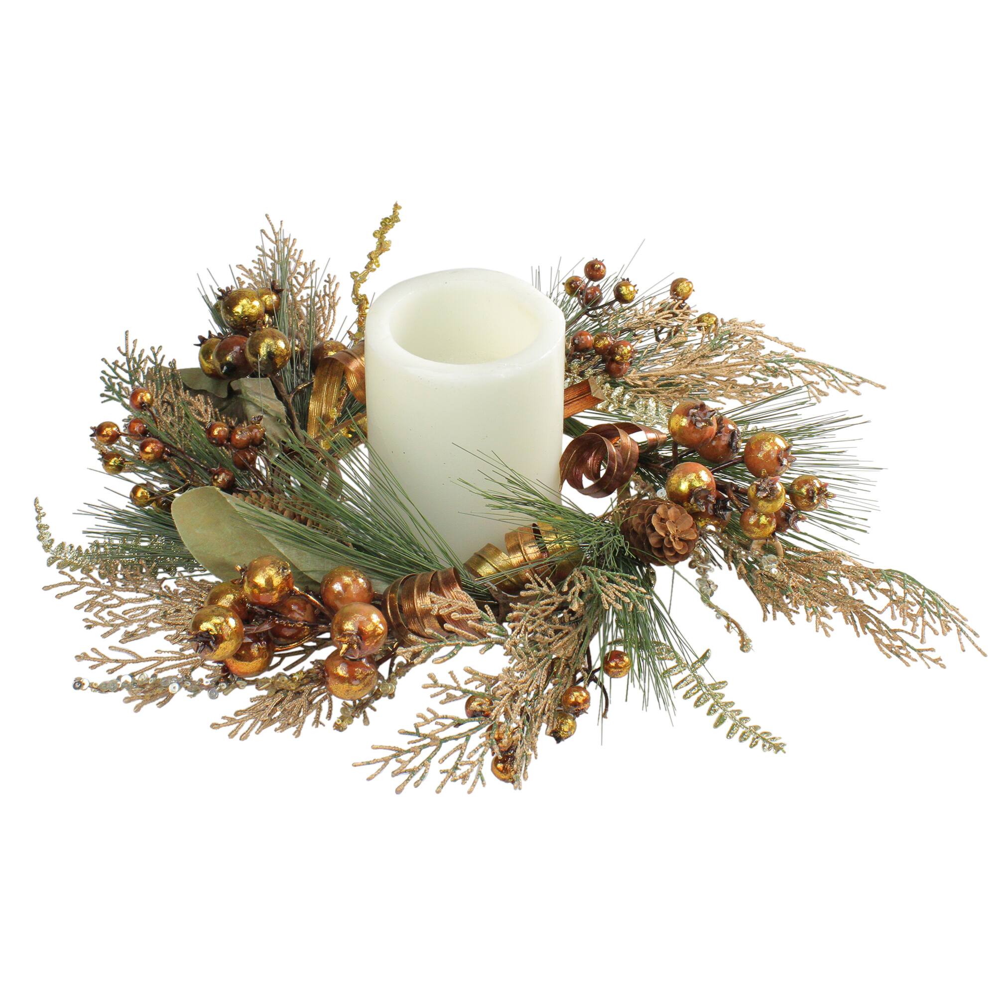 16" Golden Brown Ribbon Berry & Pine Cone Pillar Candle Ring